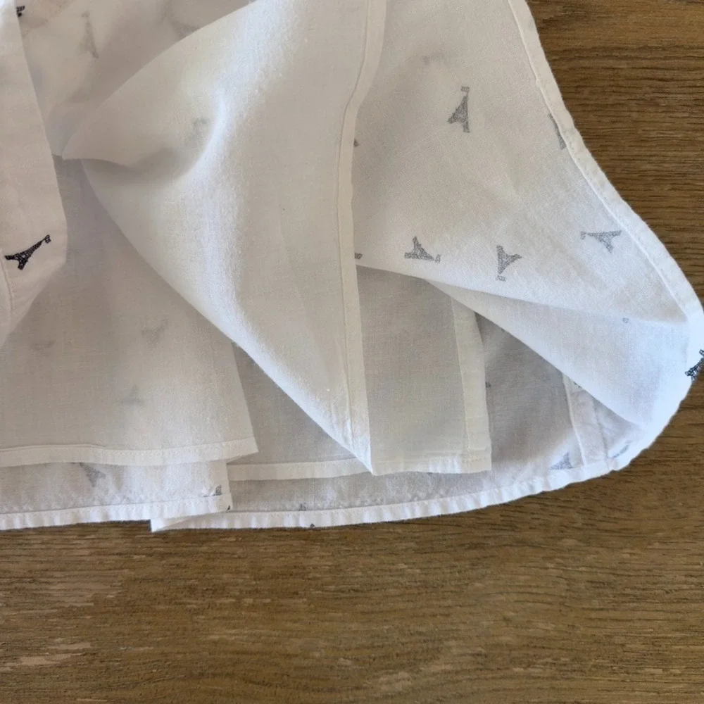 ELLISON Linen Blend Eiffel Tower Print Button Up Shirt Dress-White Knee Length-S